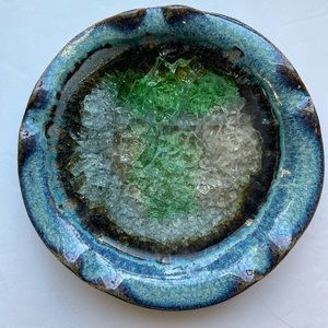 Vintage crystalline ceramic blue and green candle holder. Made in USA